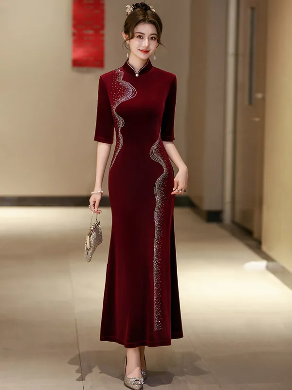 

Ele Red Slim Fit Wedding Dr for Mothers of the Bride Spring Autumn New Arrival 2025 Traditional Chinese Wedd...