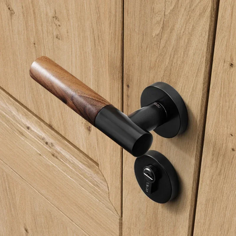 Modern door lock, black walnut door handle, indoor bedroom door lock set, simple solid wood door lock