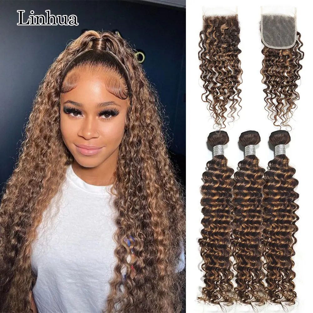 Linhua P4/27 Highlight Deep Wave Bundles With Closure Ombre Honey Blonde 3 / 4 Human Hair Bundles With Transparent Closure