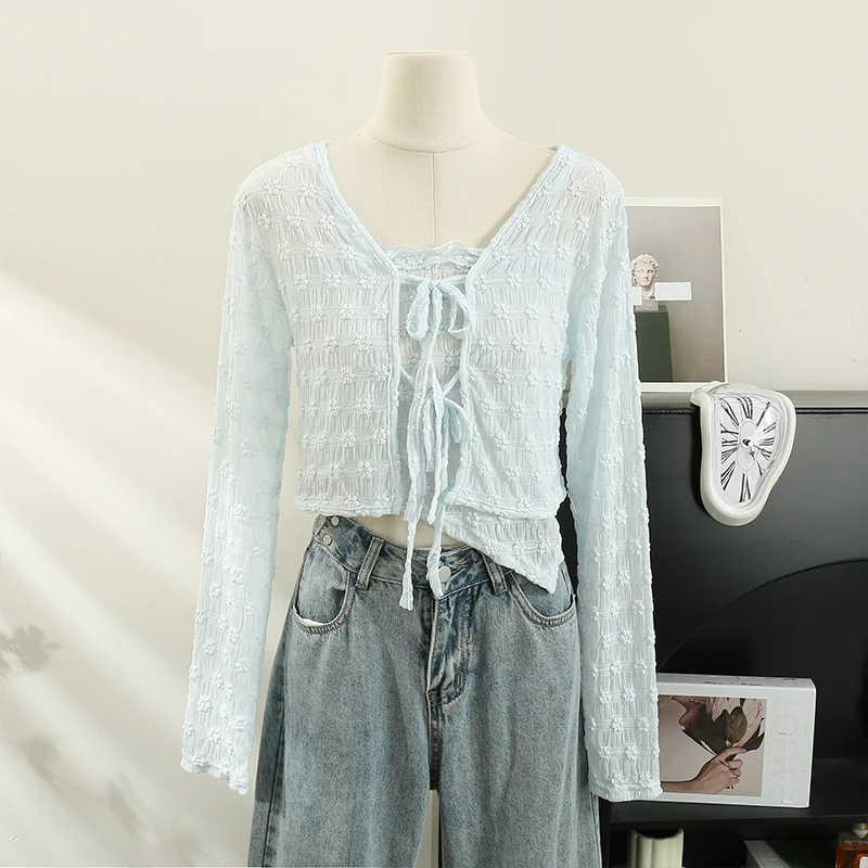 E-girls Sweet Two Piece Sets Lace Camisole Tank Top + V-neck Lace-up Long Sleeve Cardigan Women Suit Summer Y2k Clothing