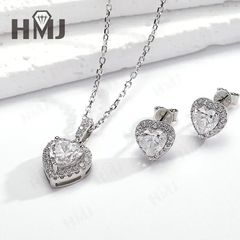 Heart Cut Earring Necklace Jewelry Sets D Color Moissanite 100% 925 Sterling Silver Plated 18K For Women Fine Wedding Gift