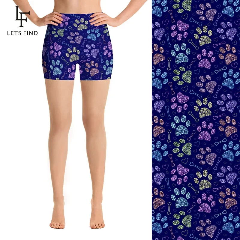 LETSFIND New Women High Waist Short Leggings 3D Colorful Dog's Paw Digital Print Elastic Comfortable Short Pants