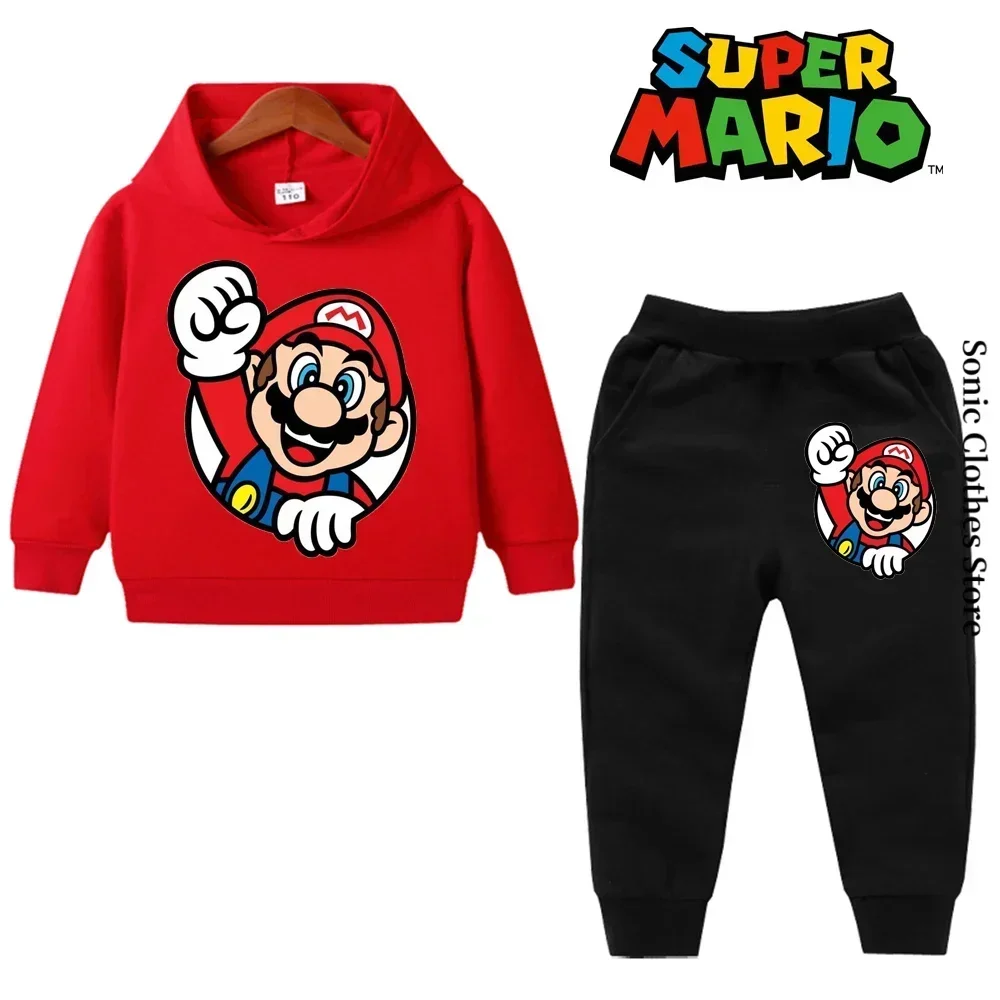 Conjunto de moletom Super Mario infantil, capuz esportivo, blusa e calça, roupa casual, presente do 5 ° aniversário, 2 peças