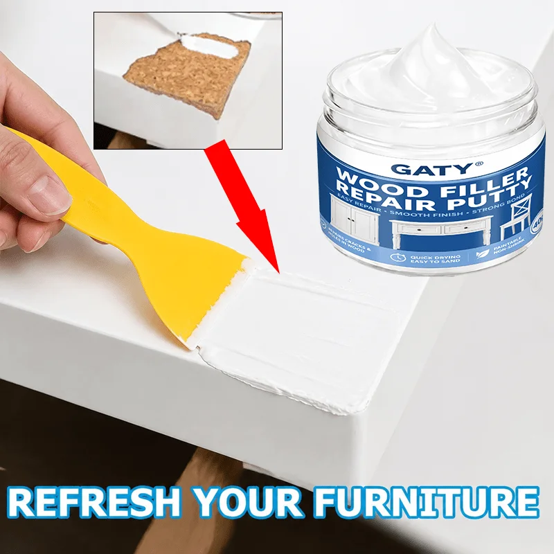 Weiße Holzfüllpaste mit Spachtel, schnelltrocknend, schrumpffrei, repariert Risse, Löcher, Kratzer, sandbar, beizbar – Detail 3