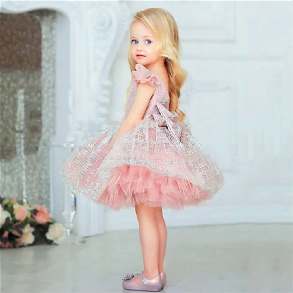 ชุดเดรสดอกไม้น่ารักแขนกุด Fluffy Mini Decal สําหรับงานแต่งงาน Puffy Baby First Communion Gowns เด็ก Dream ของขวัญวันเกิด