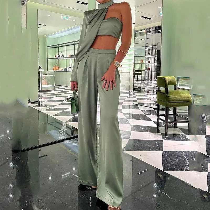 

2024 Women's Clothing Elegant Halter Neck Sloping Shoulder Tube Top Sexy Navel Revealing Wide Leg Pants Suit for dress sets