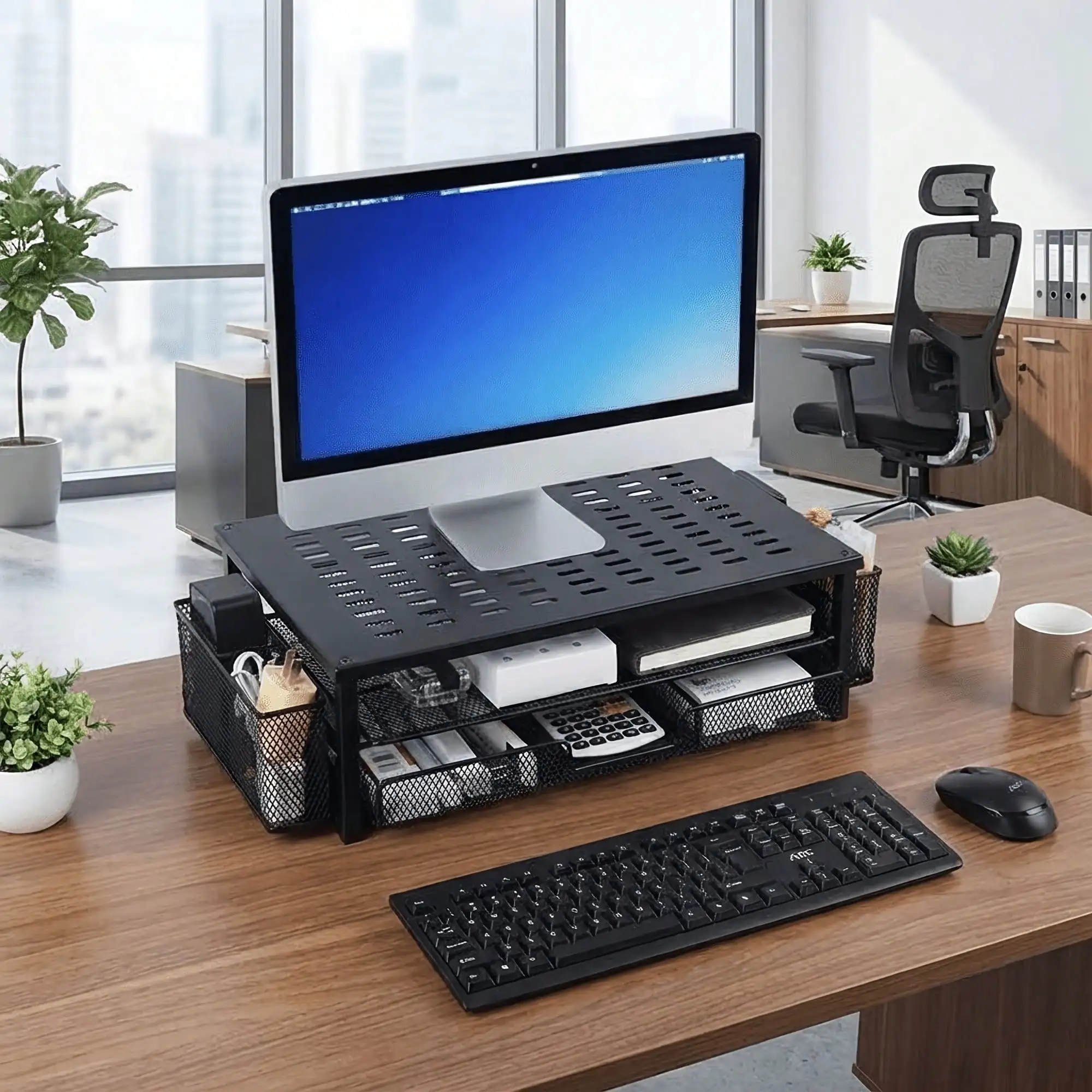 2-Tier Monitor Stand Riser with Drawer & 2 Pen Holders, Black Laptop Desk Organizer, Office Desk Accessories