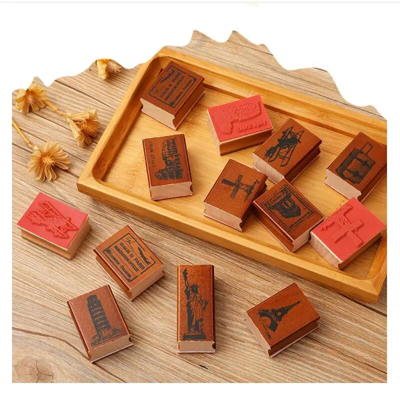 1Pcs Brick Red Iron Tower Wooden mini Decorative Wooden Rubber Stamps for DIY Craft Letters Diary Scrapbooking