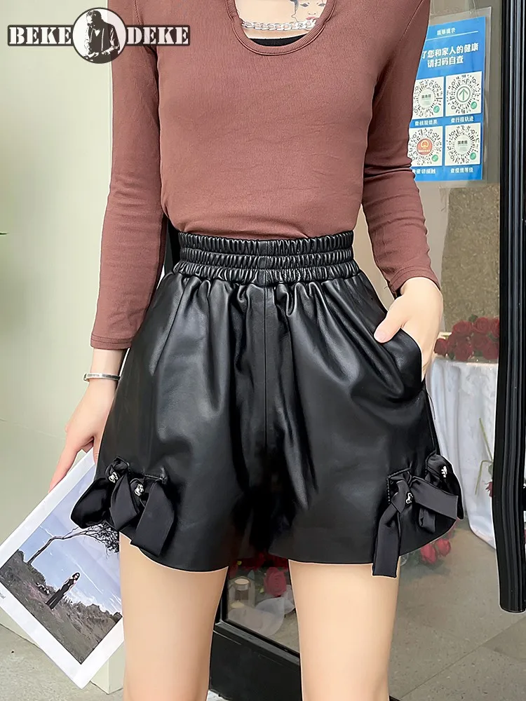 

High Waist Sweet Bowknot Shorts Women Elastic Waist Sheepskin Genuine Leather Shorts Loose Fit Streetwear Casual Wide Leg Shorts