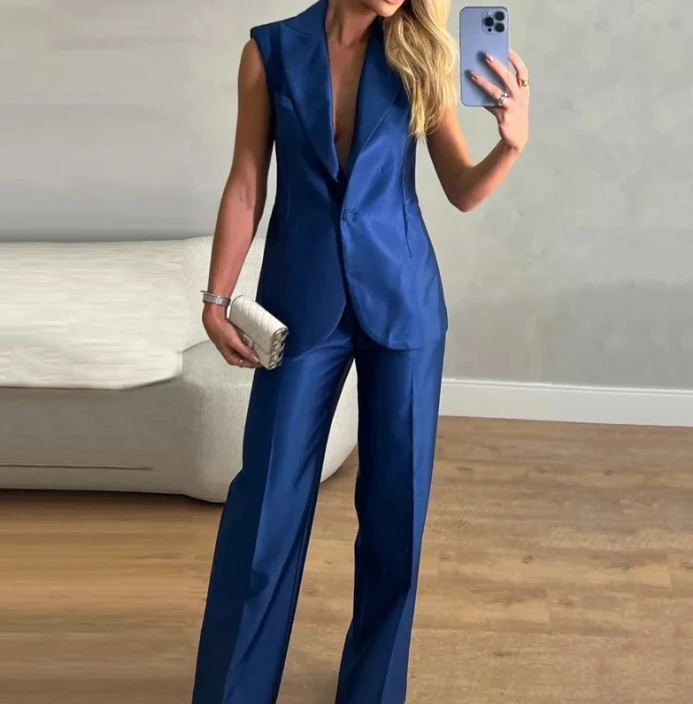 Hot Selling 2024 Spring Summer Women Pants Sets Solid Color Fashion Backless Silk Vest Casual Elegant Style Pants Set for Women