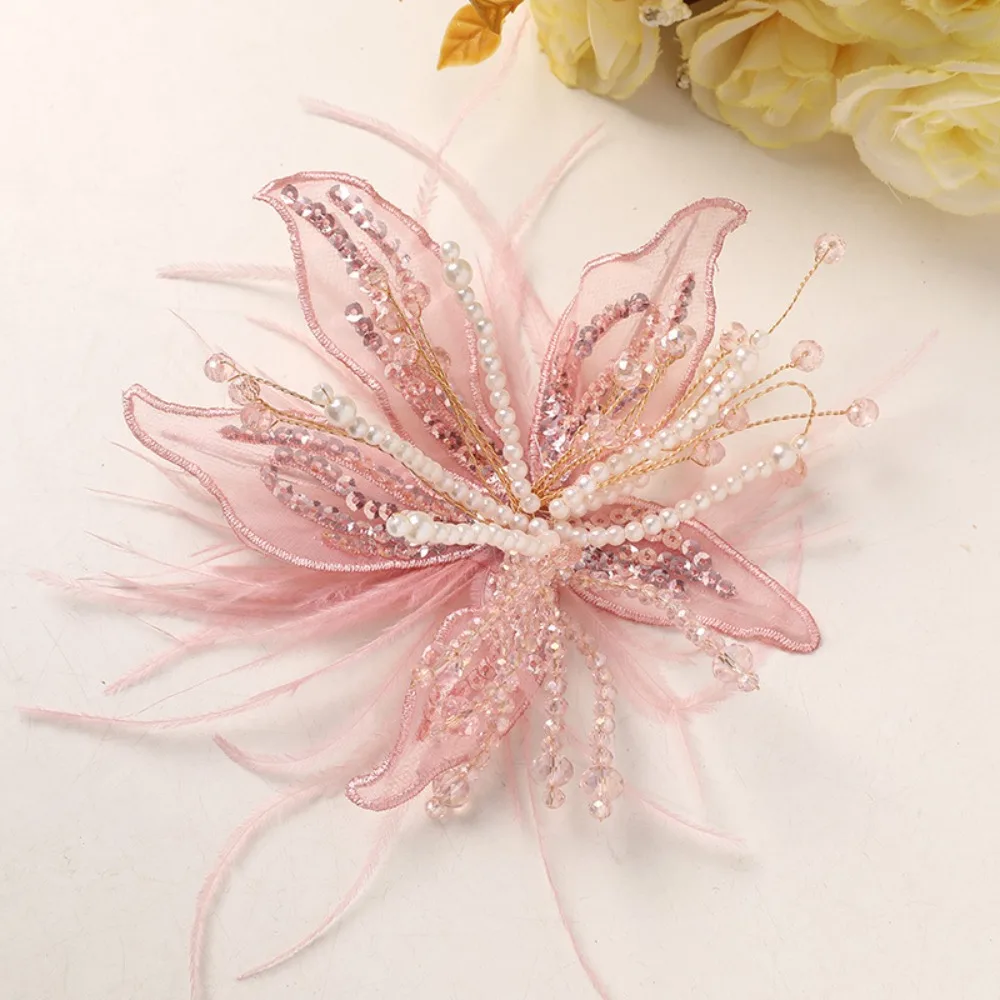 

Feather Pearl 3D Organza Flower Patch Crystal Flower Twisted Wire Studded Patch Handmade Multi-layer Applique Decorative