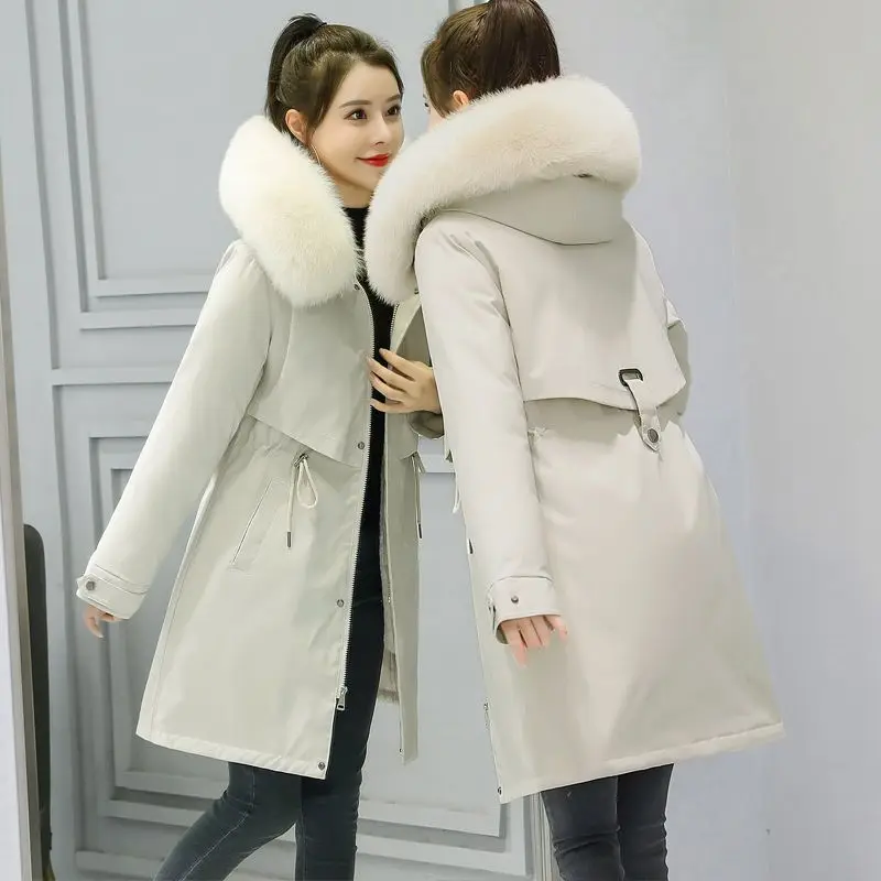 Women 2023 Winter New Cotton Coat Ins Coat Large Plush Collar Down Korean Version Medium Length Plush Cotton Coat