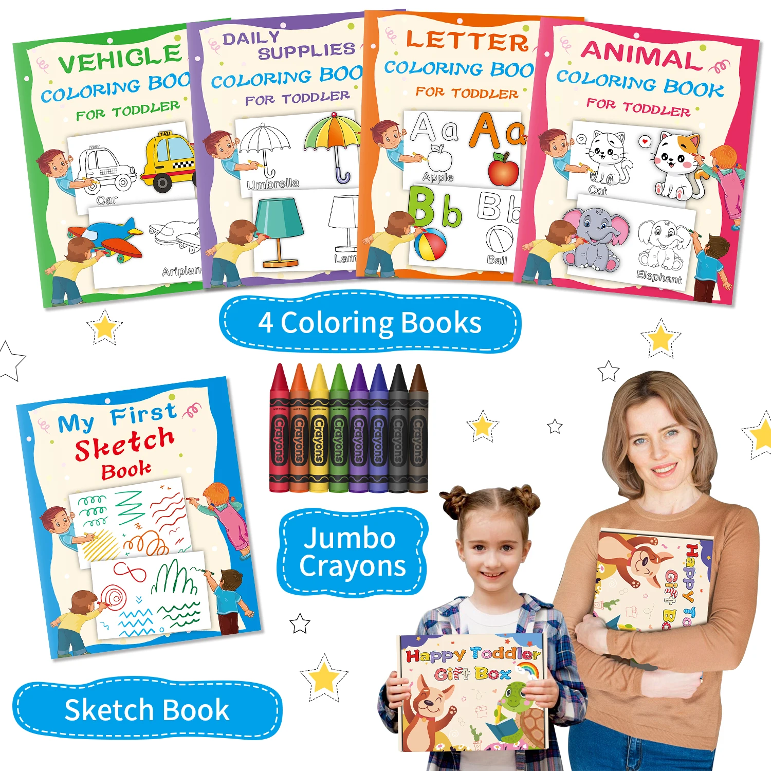 Kalysky 1-3 2-4 Year Old Art Set : Simple Coloring Books and Jumbo Crayons,Kids & Toddler Coloring Books,Sketch Book for Kids