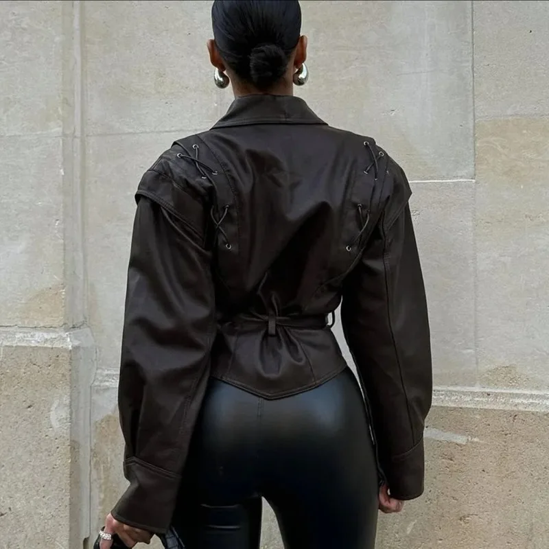 Talenza femmes en cuir Bomber vestes manteaux avec ceinture cranté épaulettes moto rue Chic vêtements d'extérieur mode solide à lacets