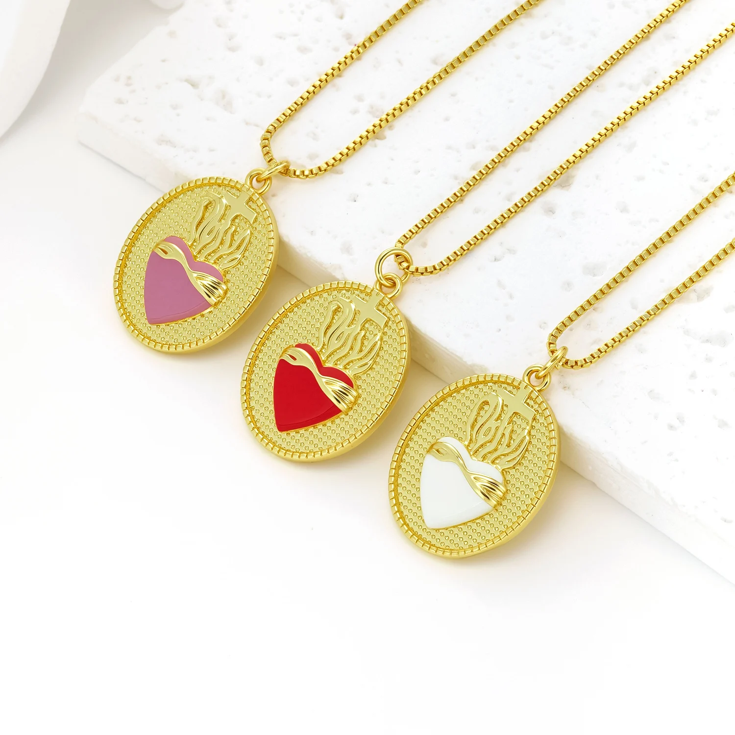 Nidin Vintage Sacred Heart Enamel Necklace For Women Oval Medal Pendant Christian Catholic Cross Flame Religious Jewelry Gifts