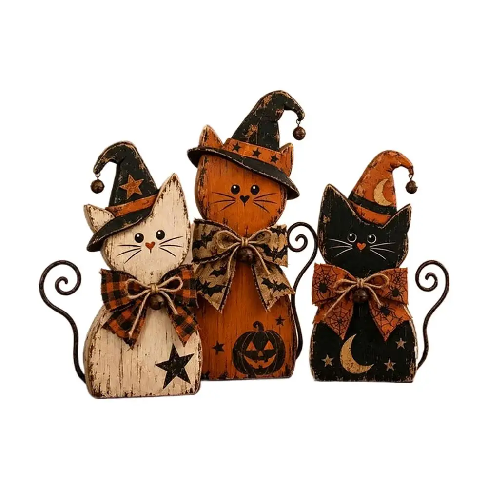 3Pcs Vintage Halloween Witch Cat Decor Set Seasonal Autumn Harvest Ornament Halloween Party Ornament & Gift for Witch Lovers