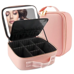 Makeup Bag with Mirror and Light Travel Makeup Train Case Cosmetic Organizer Portable Storage Bag Makeup Brushes Organizer