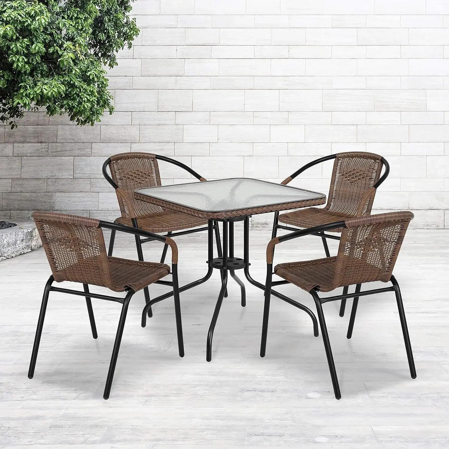 Furniture Lila 28'' Square Glass Metal Table with Dark Brown Rattan Edging and 4 Dark Brown Rattan Stack Chairs