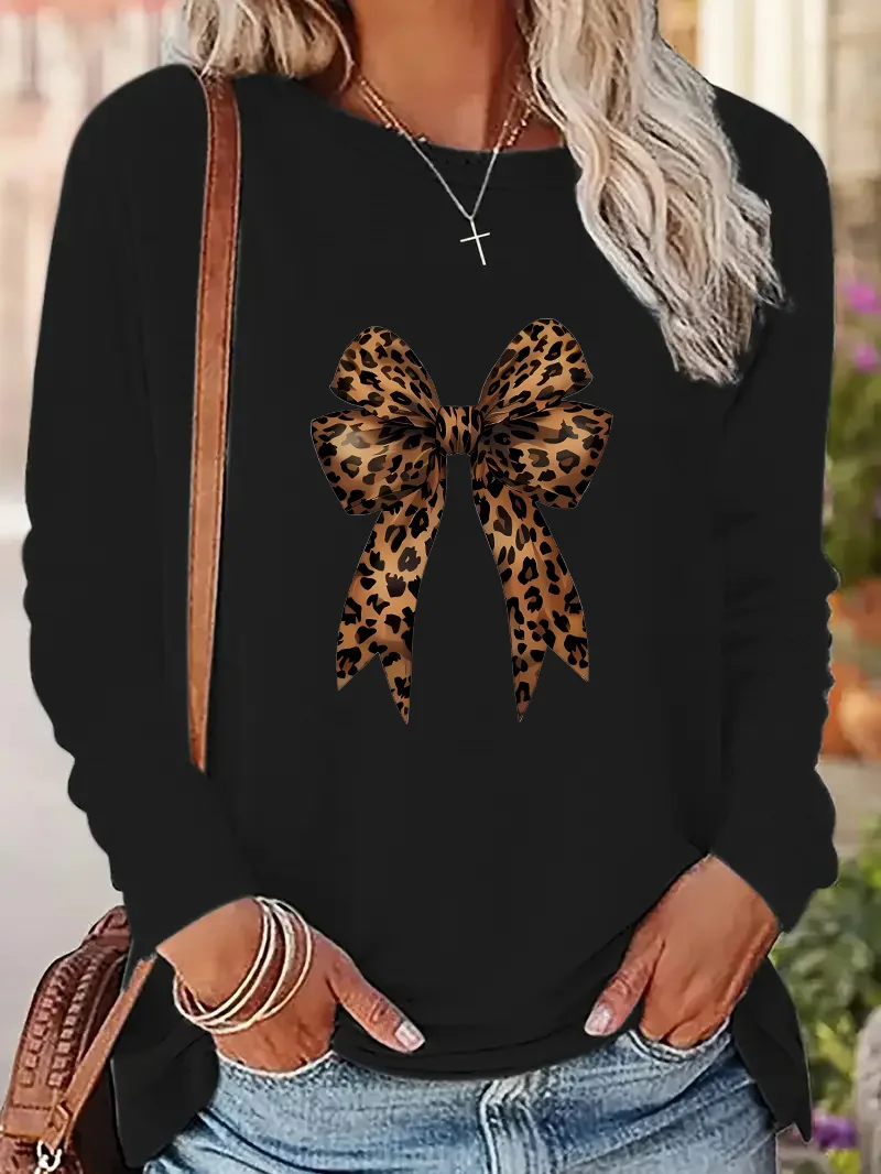 Bow Heart Love Leopard Print  Long Sleeve Shirt Funny T Shirt Women's  Print T-Shirt Crew Neck Top Tee Tshirt Casual