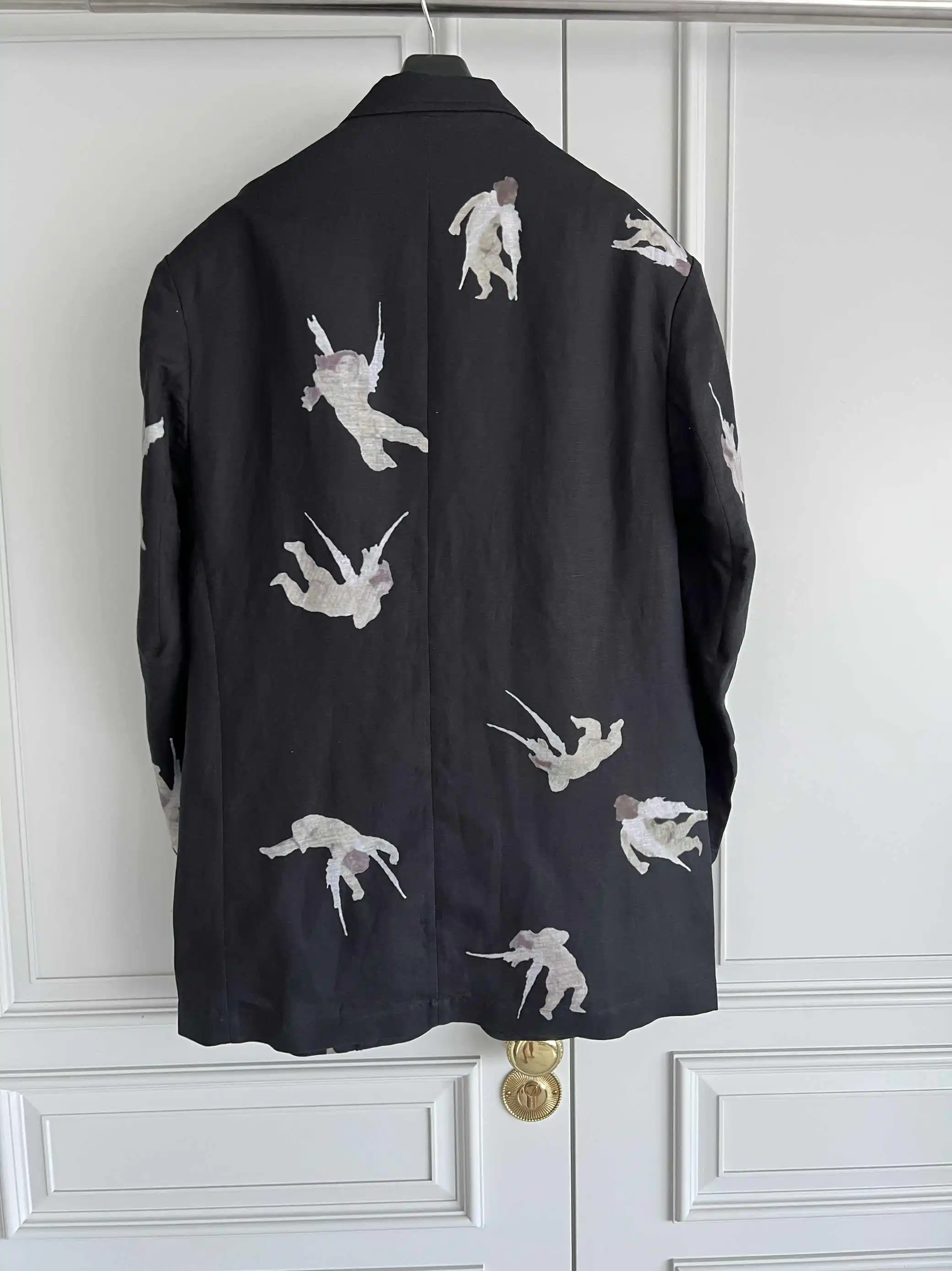 TOP-YAMAMOTO original design linen blend design Angel pattern West collar coat long-sleeved print