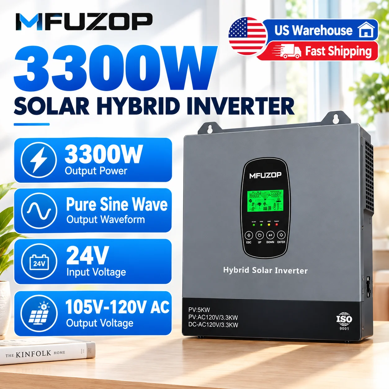 MFUZOP 3300W 24V Hybrid Solar Inverter, 120V Pure Sine Wave Inverter Charger, 5000W PV Input, 120A MPPT, 80A AC Charger, Optional WiFi, 10ms UPS
