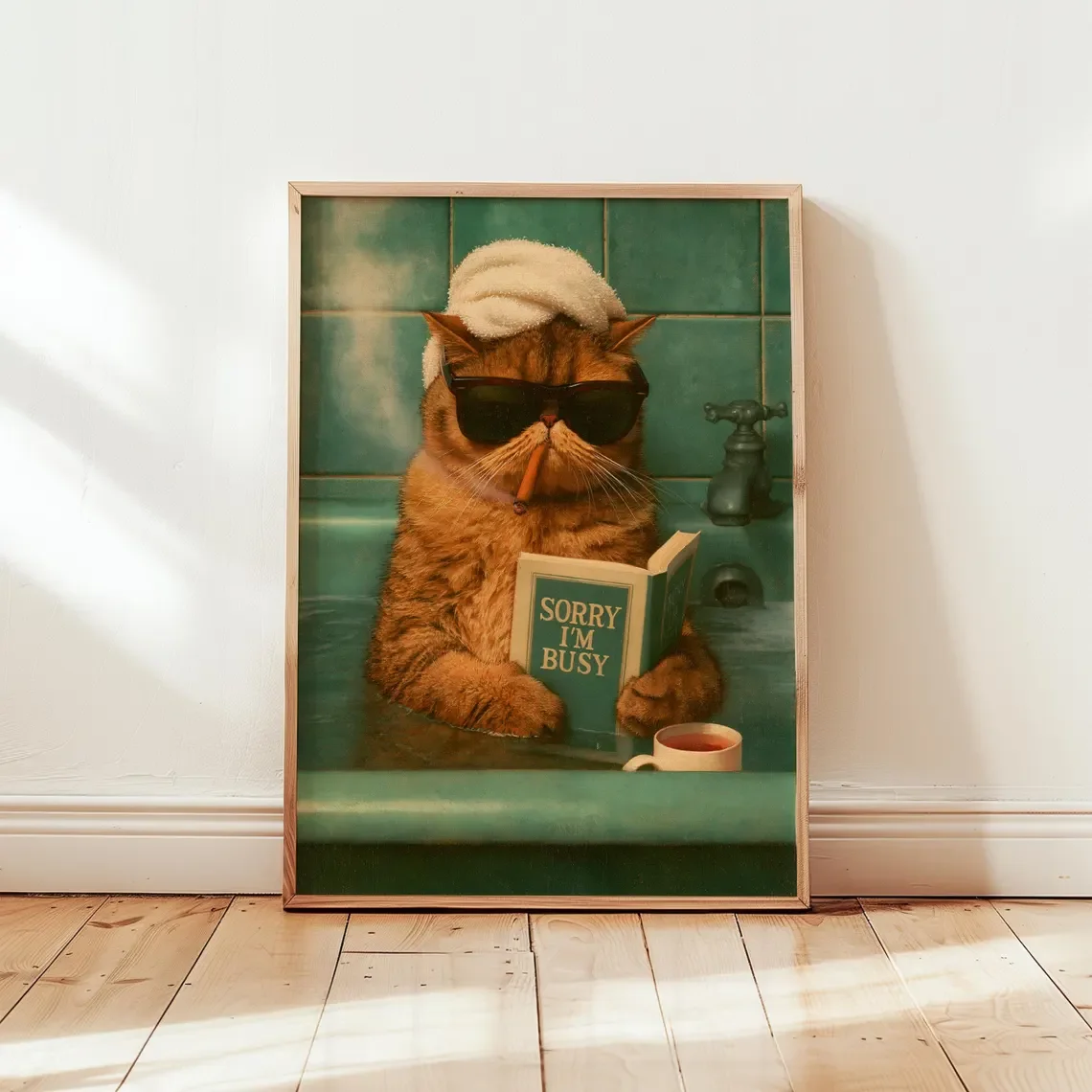 Cat Bathroom Poster Funny Cat Poster Retro Bathroom Picture Sorry I’m Busy Print Vintage Animal Poster Cat with Book Cat Bathroo
