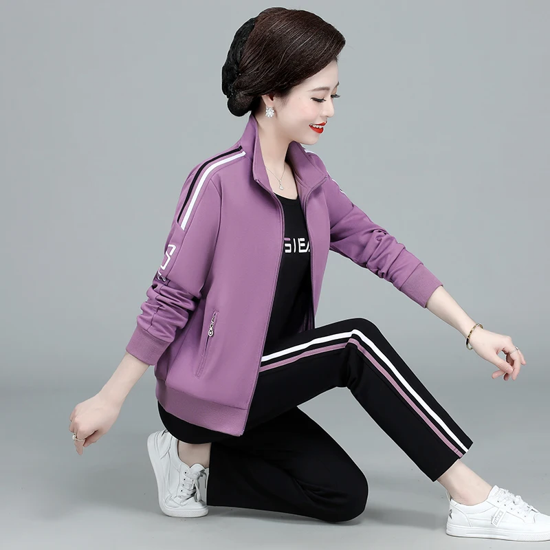 

Модный осенний комплект верхней одежды для женщин среднего возраста: повседневный спортивный костюм свободного кроя с длинными брюками на молнии, цветной