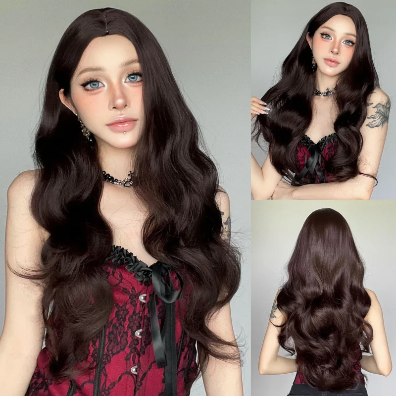 Women's full-head , Korean style, chestnut brown, middle-parted long wavy hair wig