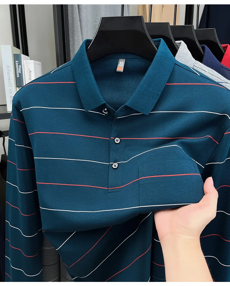 Hochwertiges gestreiftes Langarm-Poloshirt für Herren, neues Komfort-Taschendesign, Frühling/Herbst, luxuriöses Business-Casual-T-Shirt. – Detail 17