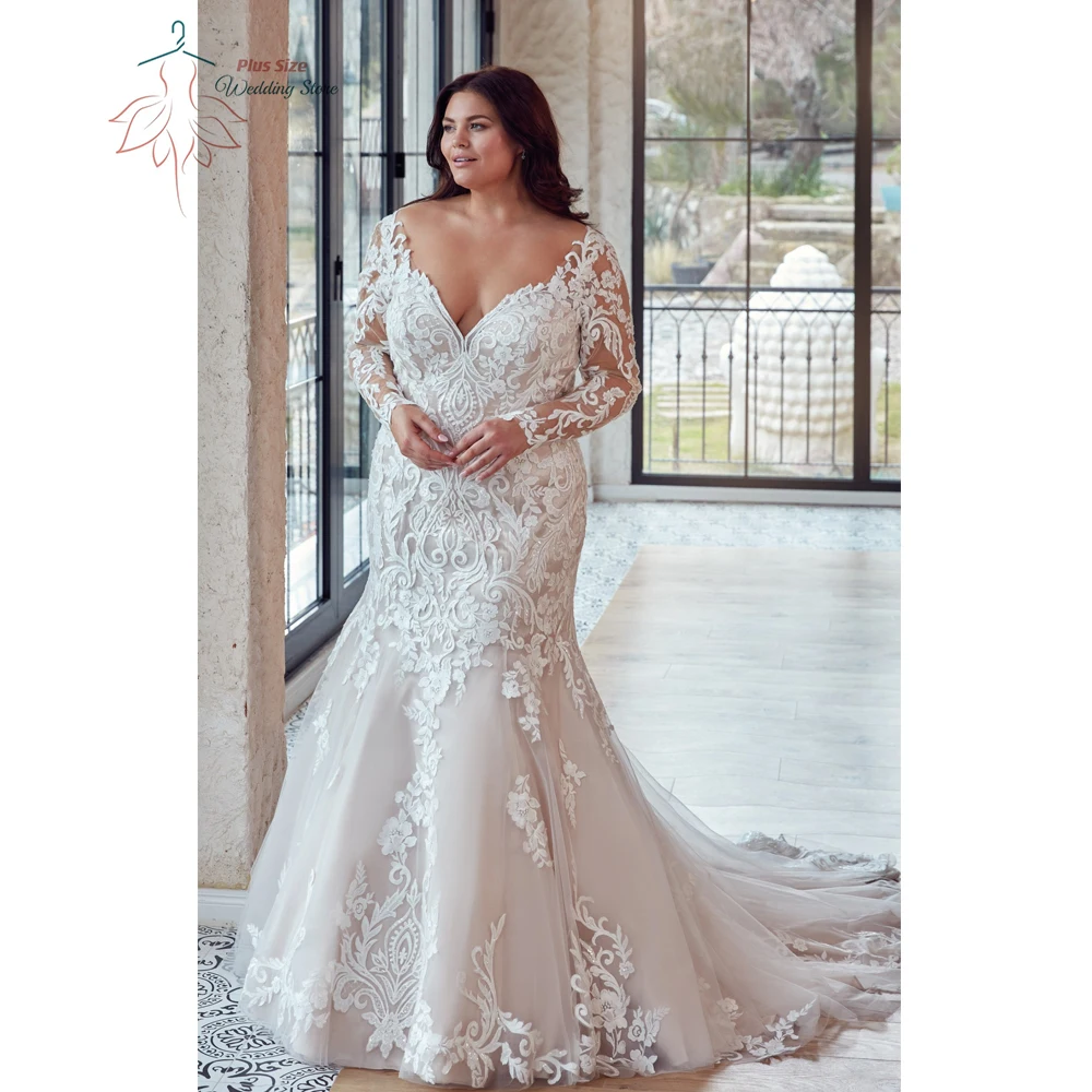 Vestidos De novia De sirena De talla grande con cuello en V, vestidos De novia De manga larga con Apliques De encaje, tren De barrido, Vestido De novia De tul PSL98003