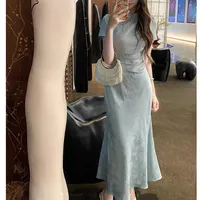 New Chinese Style Retro Qipao Women's Summer Dark Pattern Lift Short Sleeve Long Dress Elegant Classic Chinese Evening Gown