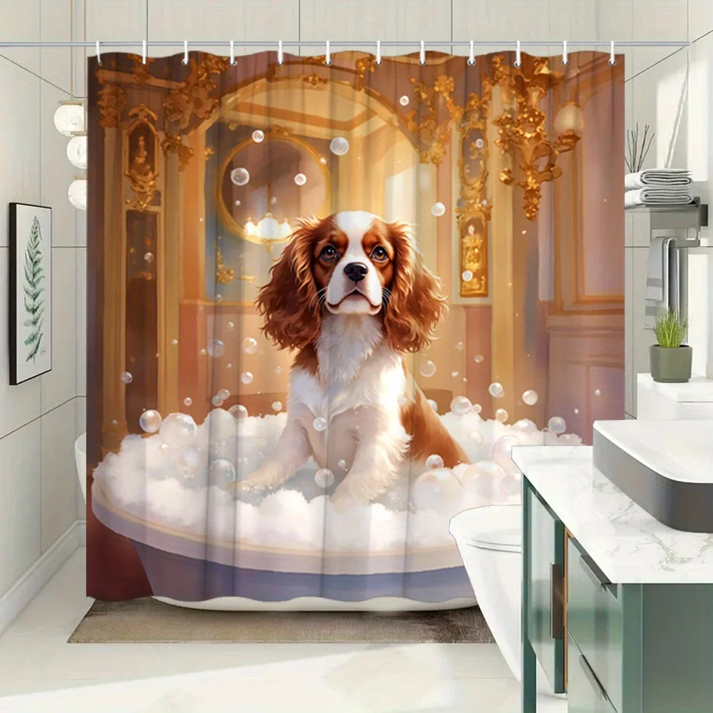 Funny Dog Shower Curtain King Charles Spaniel Puppy Taking a Bath Waterproof Polyester Bathroom Curtain Home Decor Set