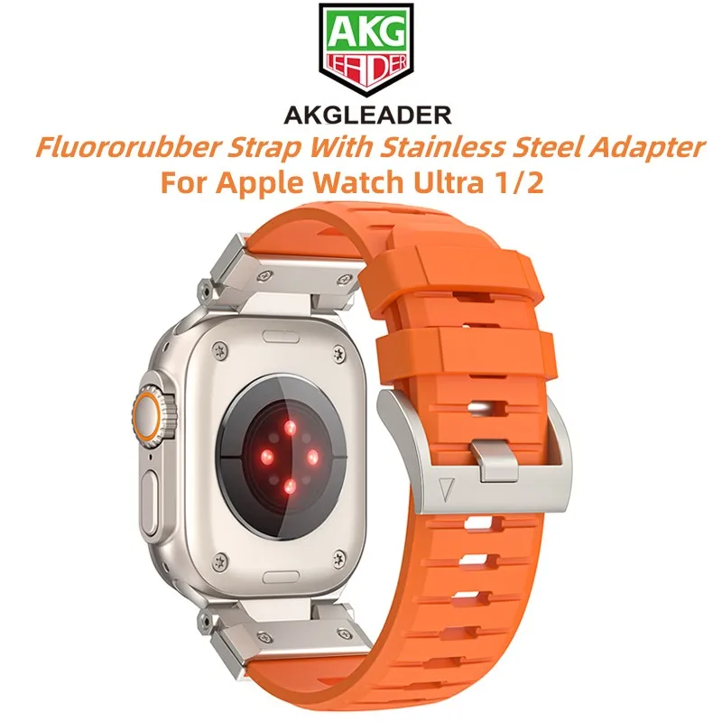 AKGLEADER Fluororubber Watch Strap With Stainless Steel Adapter For Apple Watch Ultra 1 2 49mm Series 9 8 7 45mm 42/44/38mm Band