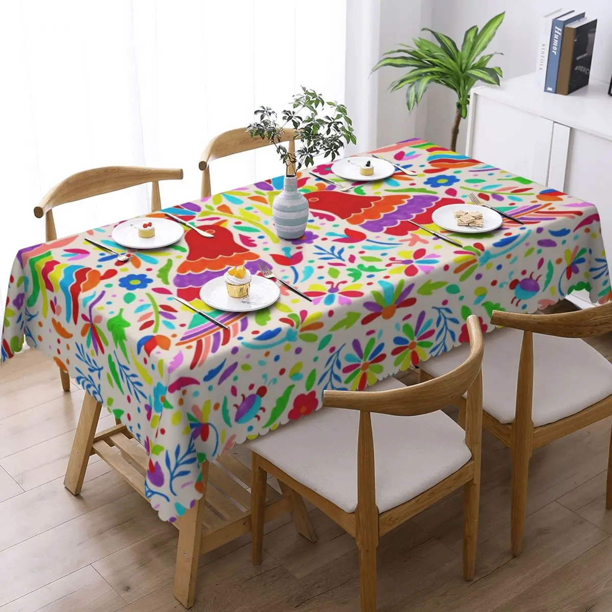 Custom Rectangular Mexican Otomi Birds Tablecloth Fit 40