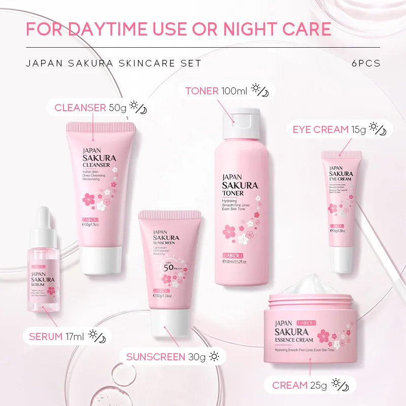 New 6pcs/Set LAIKOU Sakura Skin Care Sets Face Cream Serum Toner Facial Cleanser Sunscreen Eye Cream Face Skin Care Products