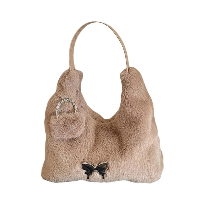 

Fuzzy Plush Shoulder Bag with Soft Plush Designs Butterfly Decors Party Handbag