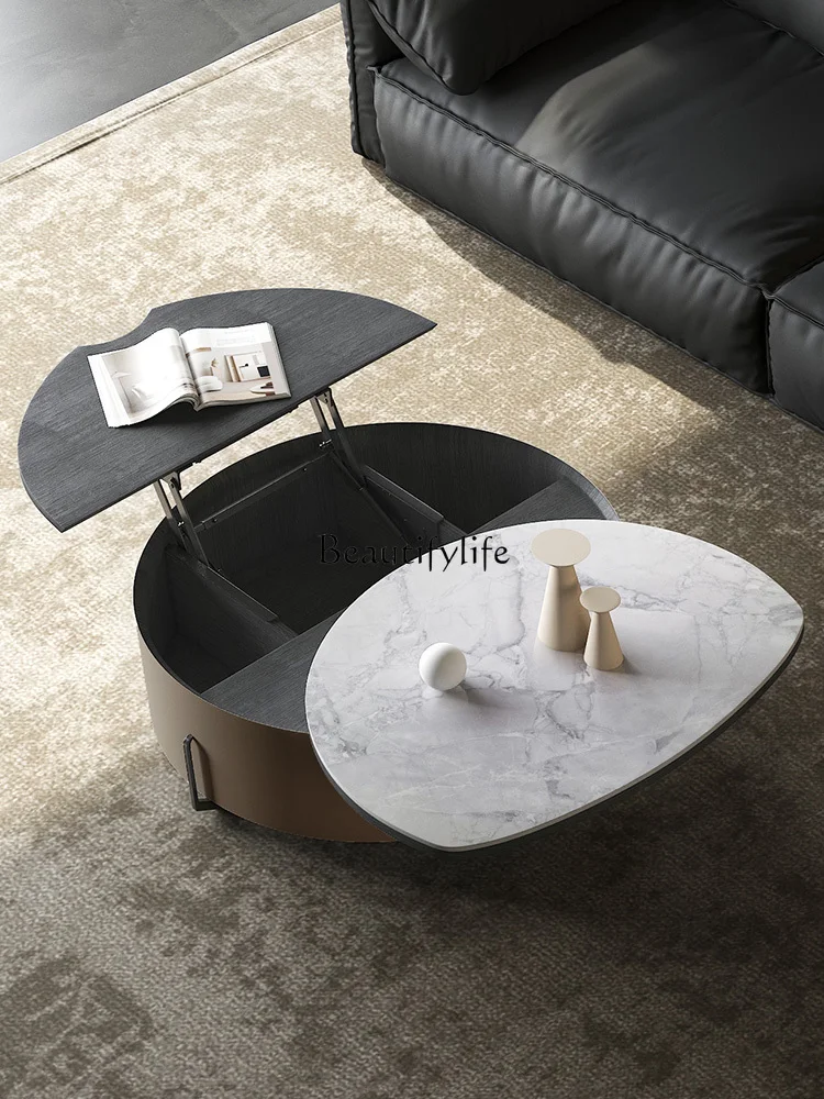 

Minimalist round coffee table living room simple lifting small apartment multi-functional rotating rock slab coffee table