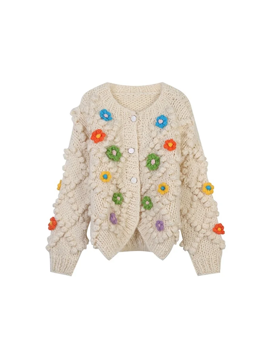 

Women's Knitted Cardigan Spring And Autumn New Rhombic Hook Flower Sweet Loose V-neck Sweater Women's Jacket