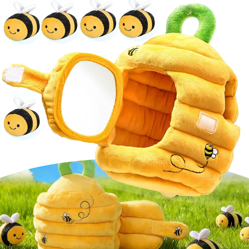 Set di giocattoli per cani e gatti: morbido nido d'ape con 5 api, sonaglio, carta frusciante, squeaker, specchio, bambole di peluche per cani, ideale come regalo di compleanno.