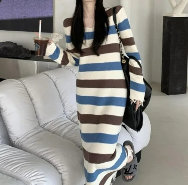 2025 vestido de malha listrado bloco de cores para mulheres outono e inverno fino ajuste camada interna bodycon vestido base camada fenda vestido longo