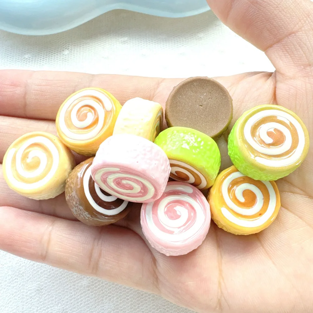 10pcs Mini Swiss Roll Fake Food Resin Cabochons Miniature Diy Phone Case Decor, Hair Clip Making and Miniature Food Scene Layout