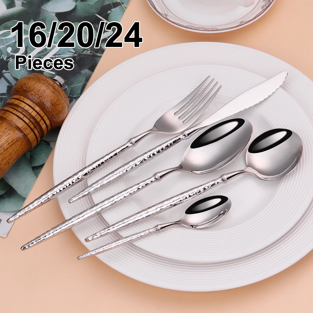 16/20/24Pcs Stainless Steel Tableware Set Gold Cutlery Sliver Knife Fork Spoon Western Hammer Pattern Handle Dinner Set Flatware