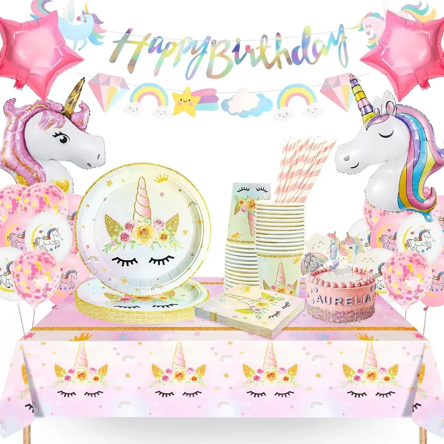 94PCS Rainbow Unicorn  Balloon Theme Garland Arche Party Decor Kit Disposable Tableware Set Cup Paper Towel Wedding Baby Shower