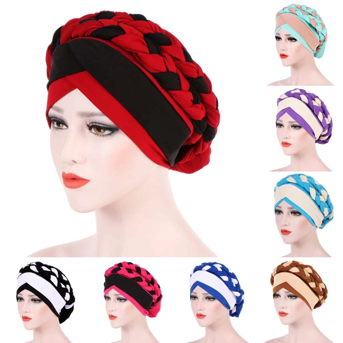 

New Women's Hijabs Braid Headband Hat Color Blocking Muslim Headband Fashion Home Beauty Salon Hood Chemotherapy Hair Loss Hat