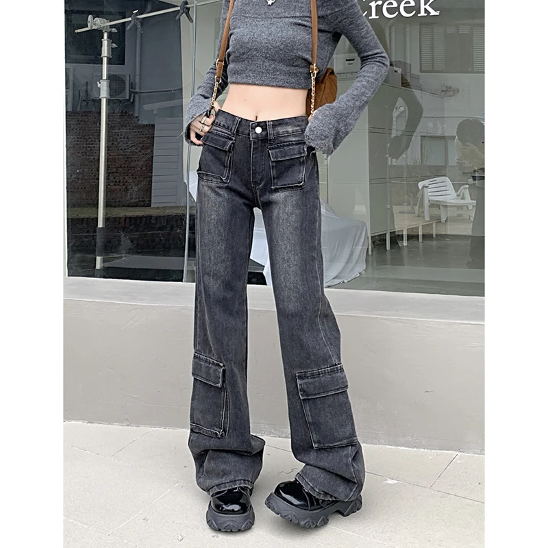 

WCFCX STUDIO Y2k Vintage Jeans for Women Streetwear Flare Denim Pants Street Korean Fashion Harajuku New Cargo Trousers