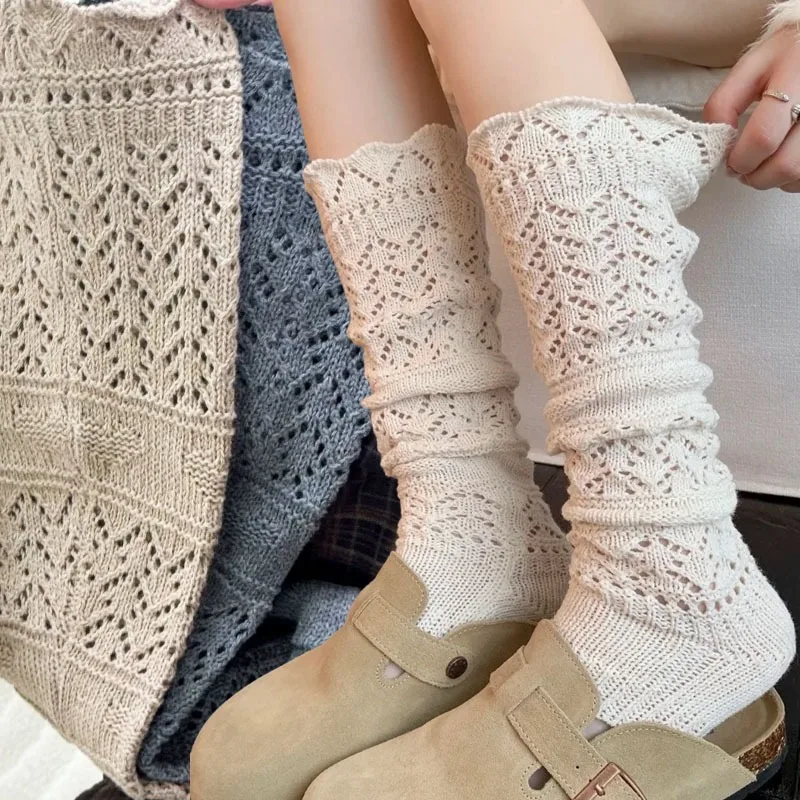 

Зимние термовязаные носки с тиснением полого дизайна, сверхпрочные длинные носки до середины икры, серые зимние теплые женские универсальные носки в стиле ретро