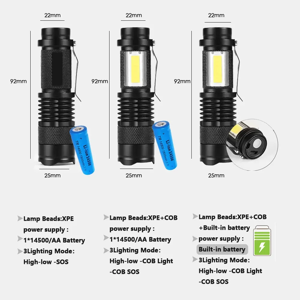 Mini USB Rechargeable LED Flashlight Use XPE + COB lamp beads 100 meters lighting distance Used for adventure, camping