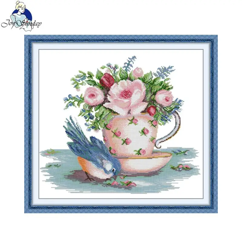 Cross Stitch Kit Joy Sunday Birdie By The Teacup HD Pattern Printed Counted Fabric Aida 16/14/11CT DIY Embroidery Kit Art Craft