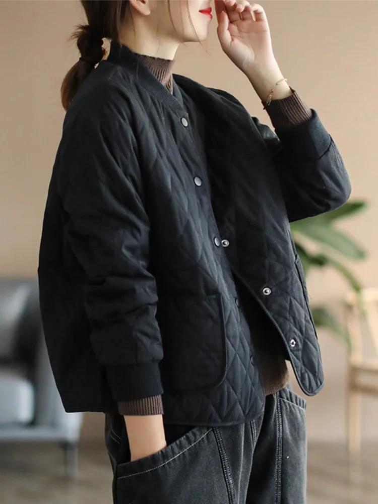 Black Thickened Cotton Short Jacket Women's Winter Lightweight Quilted Baseball Coat Mom's Warm down Cotton Padded Jacket