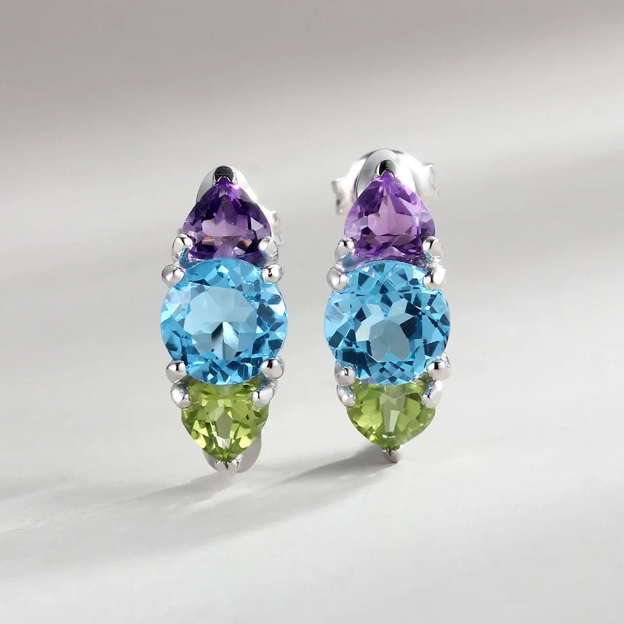 GESIDE Sky Blue Topaz,Amethyst,Peridot Rhodium Over Sterling Silver Earrings 4.98ctw